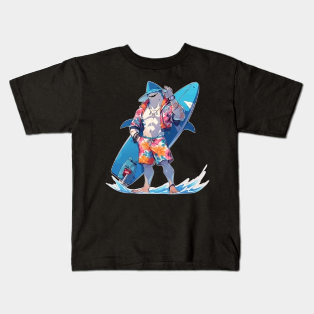 Anime Surfer Shark Dude Kids T-Shirt by DanielLiamGill